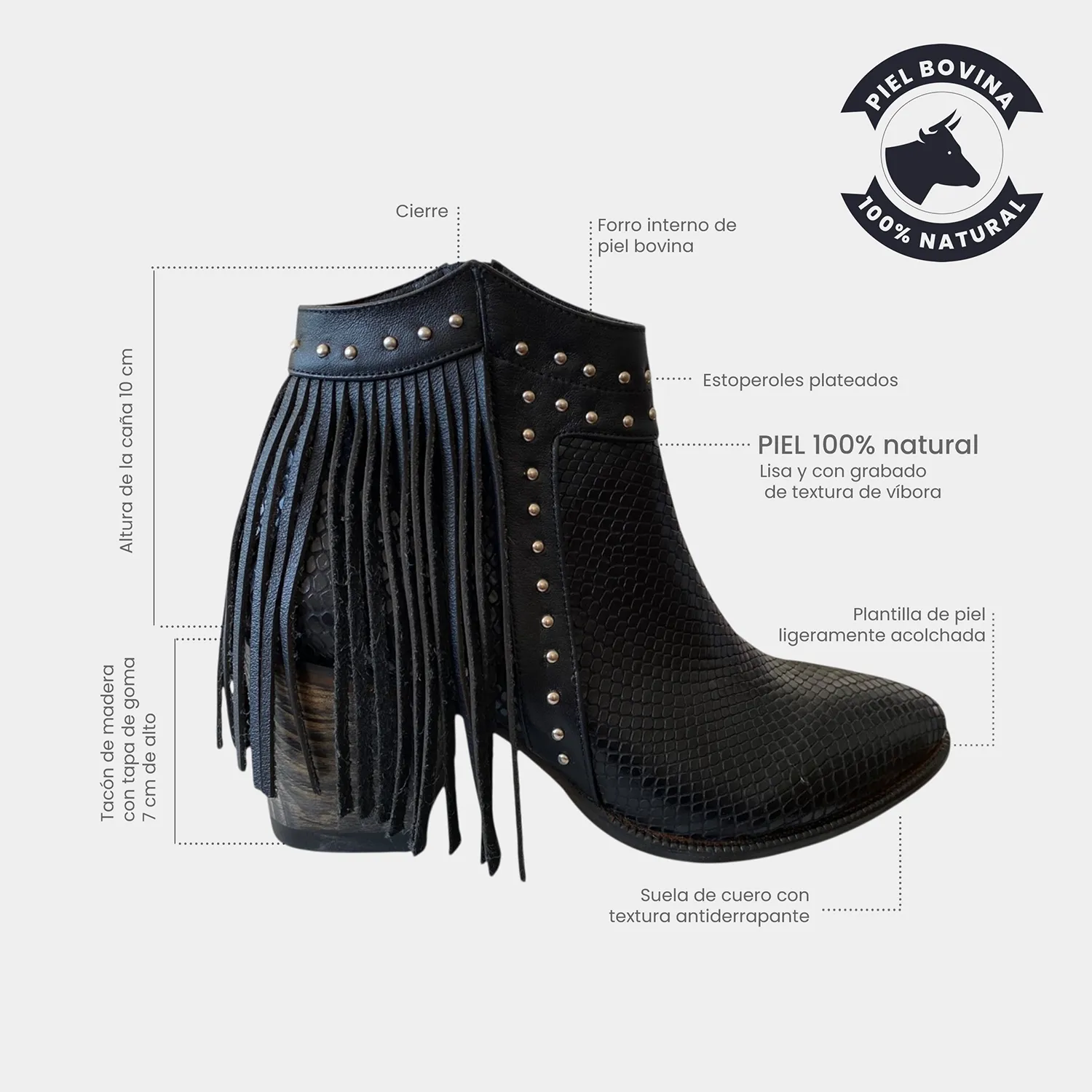 Botines KAVËLINA para Mujer, Ankle boots 100% PIEL NATURAL lisa y Grabado tipo víbora y flecos DONNA
