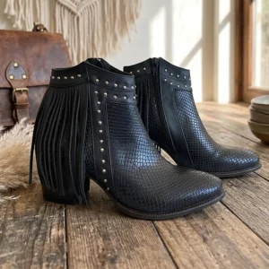 Botines KAVËLINA para Mujer, Ankle boots 100% PIEL NATURAL lisa y Grabado tipo víbora y flecos DONNA