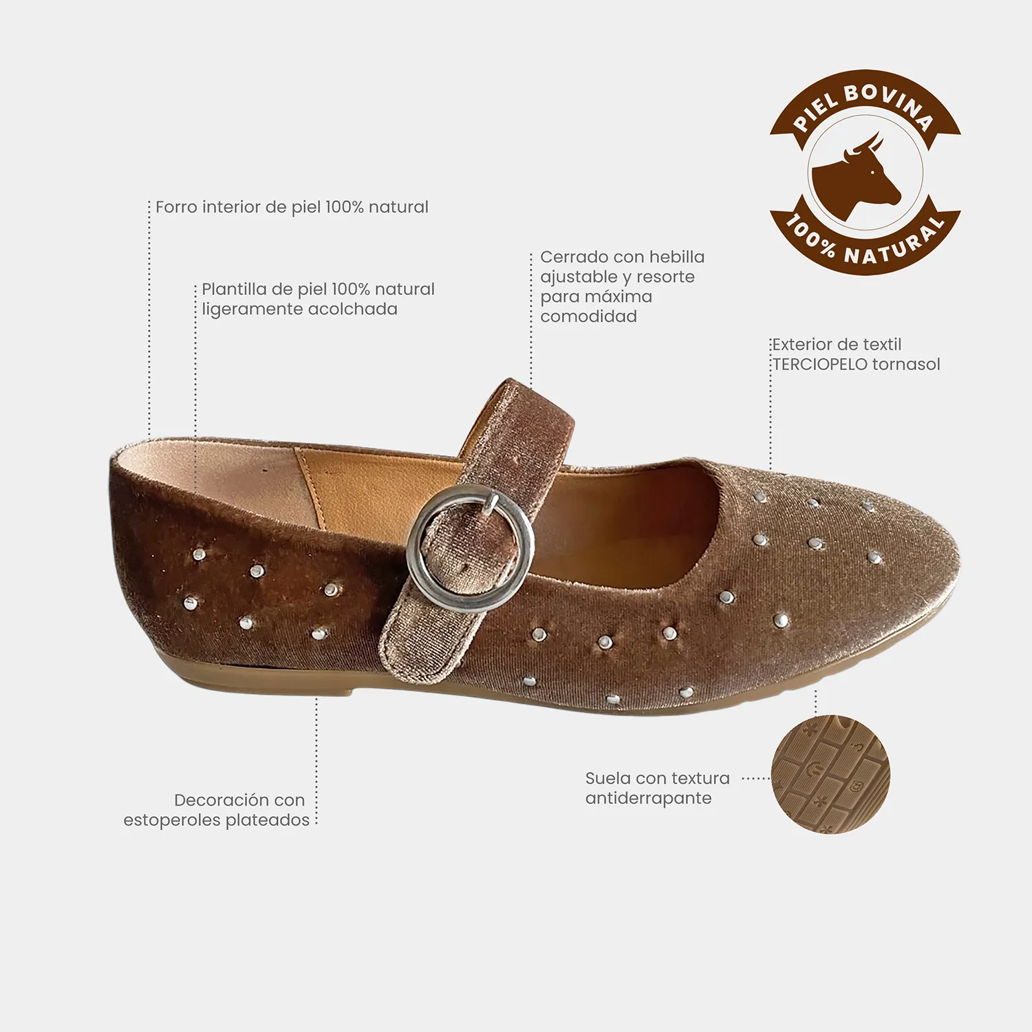 Ballerina KAVËLINA. Flats Dama, TERCIOPELO y PIEL De Vaca 100% Natural, CAFÉ