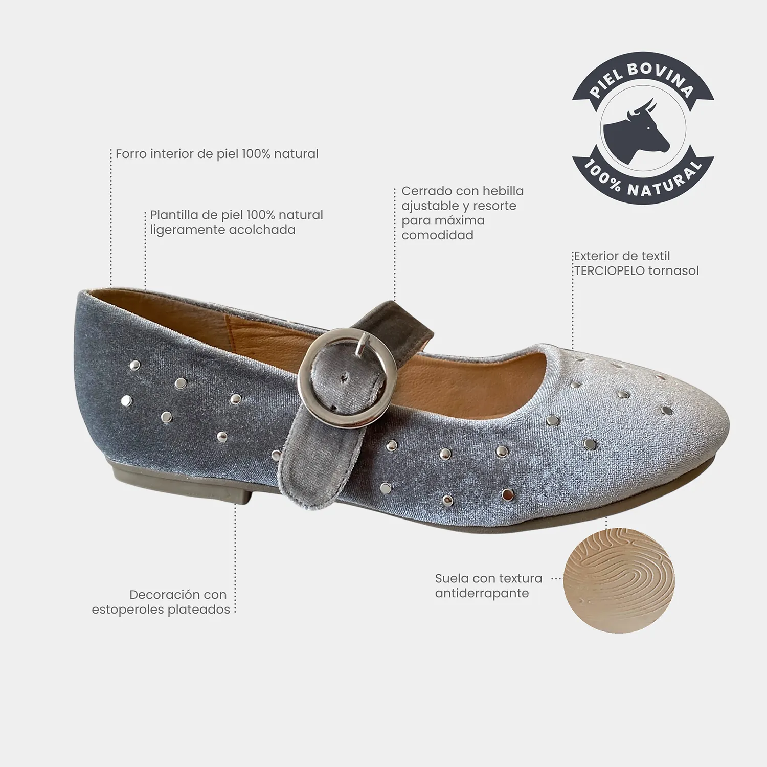 Ballerina KAVËLINA. Flats Dama, TERCIOPELO y PIEL De Vaca 100% Natural, GRIS