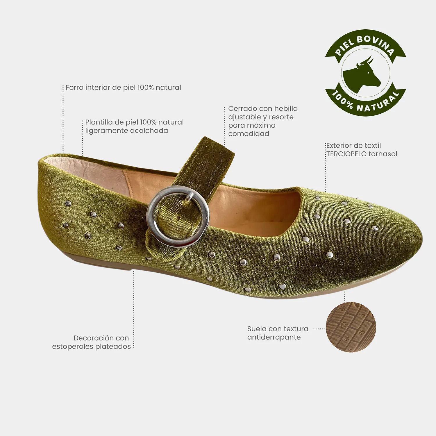 Ballerina KAVËLINA. Flats Dama, TERCIOPELO y PIEL De Vaca 100% Natural, VERDE