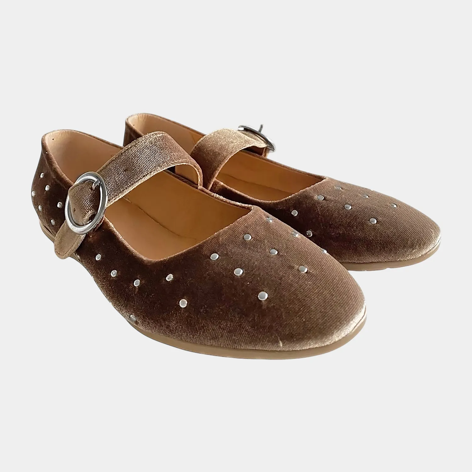 Ballerina KAVËLINA. Flats Dama, TERCIOPELO y PIEL De Vaca 100% Natural, CAFÉ