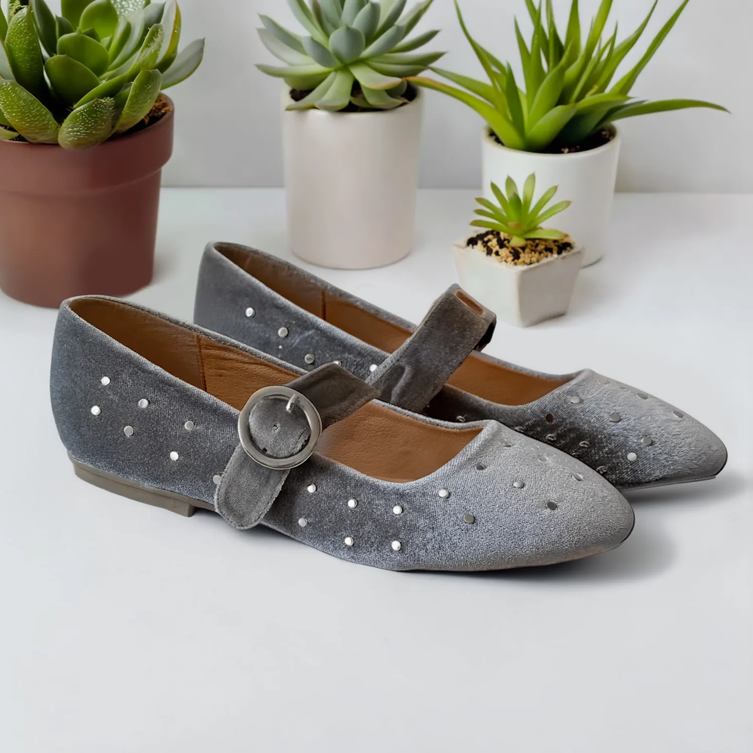 Ballerina KAVËLINA. Flats Dama, TERCIOPELO y PIEL De Vaca 100% Natural, GRIS