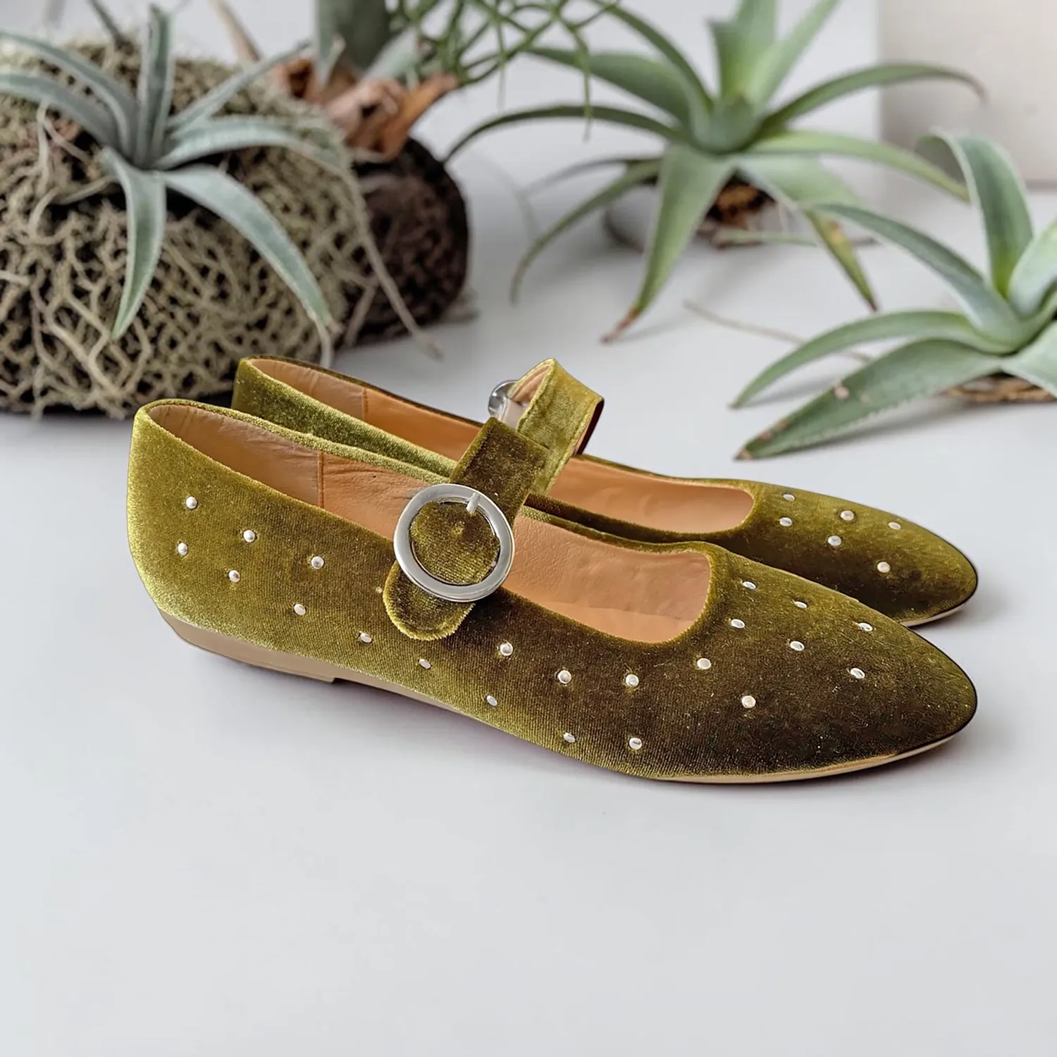 Ballerina KAVËLINA. Flats Dama, TERCIOPELO y PIEL De Vaca 100% Natural, VERDE
