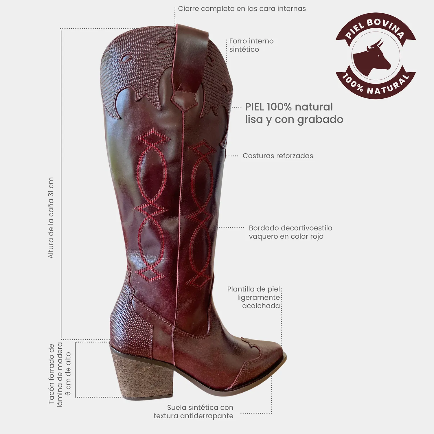 Bota Country KAVËLINA, piel natural VINO