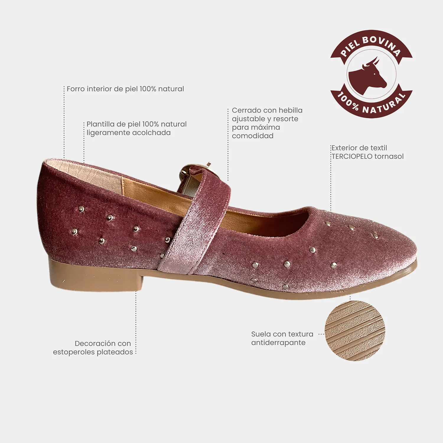 Ballerina KAVËLINA. Flats Dama, TERCIOPELO y PIEL De Vaca 100% Natural, ROSA