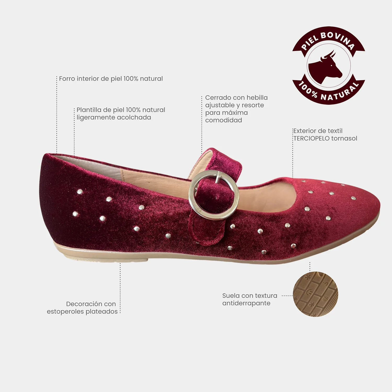 Ballerina KAVËLINA. Flats Dama, TERCIOPELO y PIEL De Vaca 100% Natural, Rojo