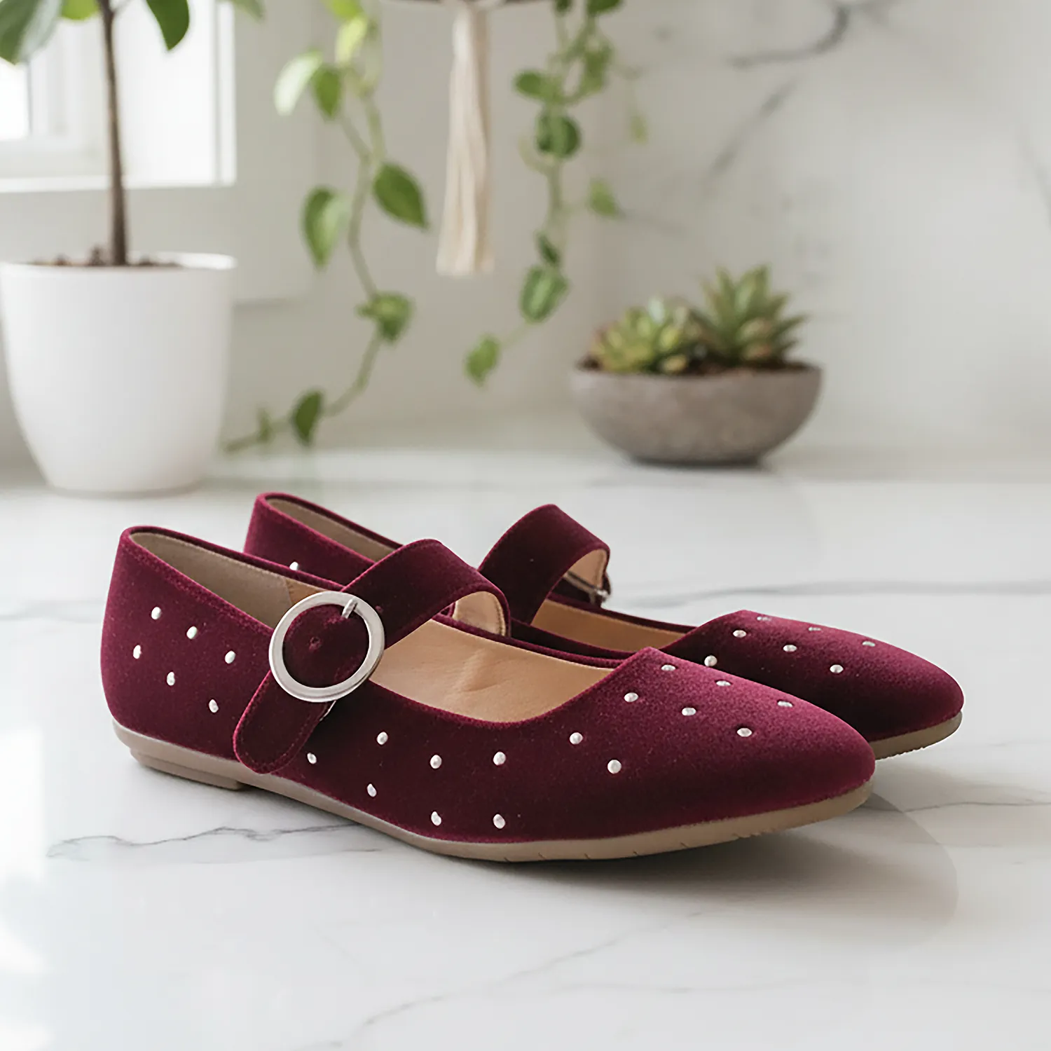 Ballerina KAVËLINA. Flats Dama, TERCIOPELO y PIEL De Vaca 100% Natural, Rojo